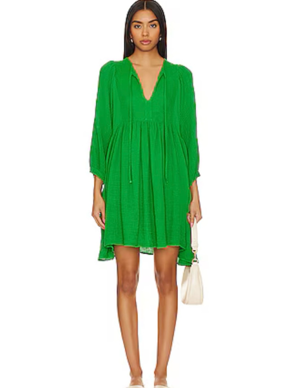 Sundry Emerald Green V-Neck Smocked Mini Dress